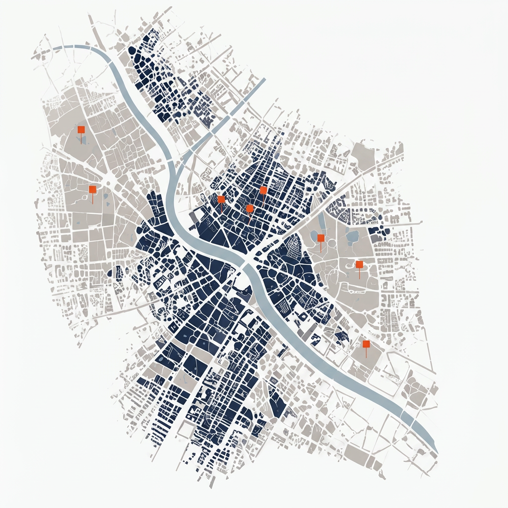 Illustrated city map with street grid, parks and river